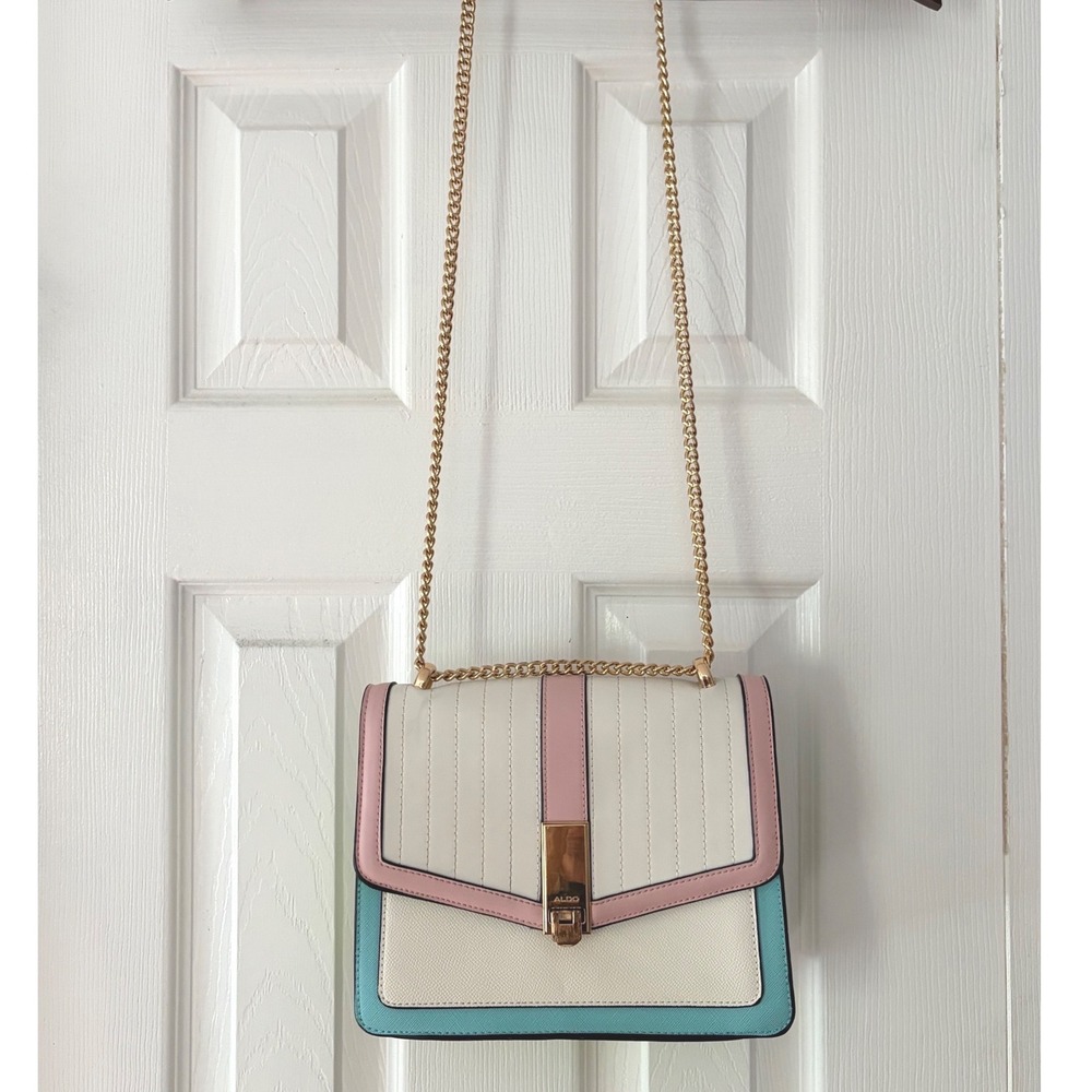 Aldo Pastel Colorblock Crossbody Bag Pink Blue Gold Chain Strap Neon Interior